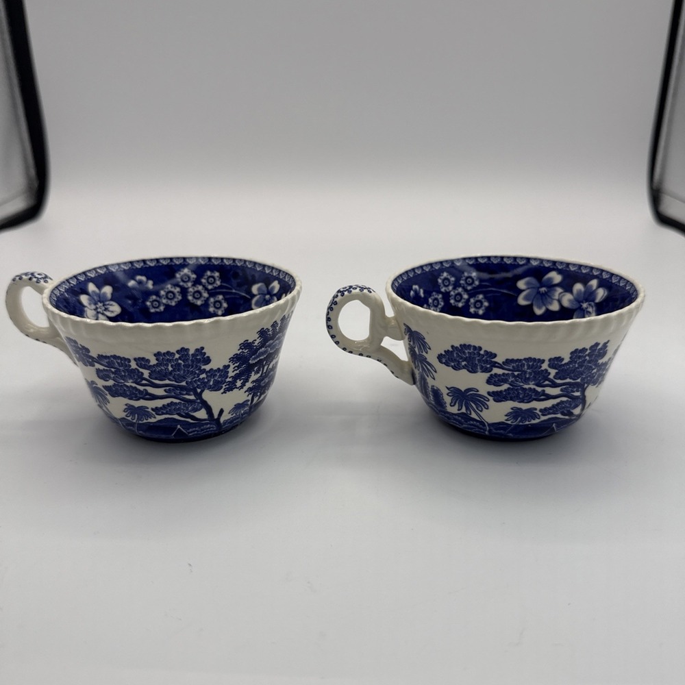 Vintage Spode Teacups Blue White C1814 Tower Pattern Floral Lot Set Of 2